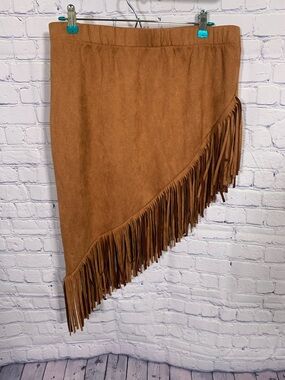 Womens Asymmetrical Fringe Faux Suede Skirt Tan Size XL Western Festival Casual